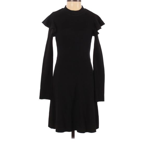 J.O.A Black Wool Blend Ruffled Shoulder Long Sleeve Sweater Dress Mini Womens XS - Picture 1 of 8